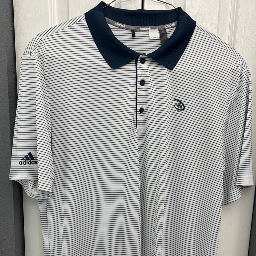 Adidas Blue and White Striped Polo Shirt